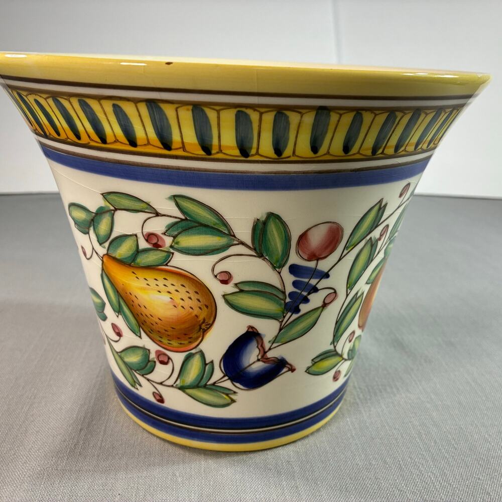 Vintage Hand Painted Italian Style Fruit Ceramic Cachepot Planter 9 Inch Large